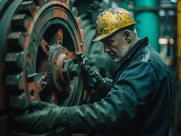 Senior Worker Adjusting Machinery in Factory