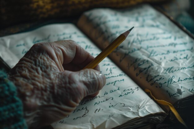 Photo senior writer holding pencil taking notes in old book