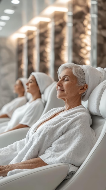 Seniors are savoring calming wellness treatments in a luxurious hotel spa environment