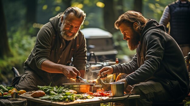 Seniors camping and preparing fish by a wooded brook