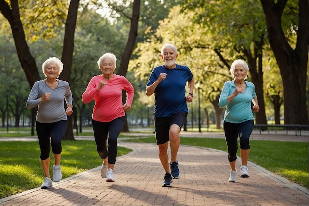 Seniors doing morning exercises in the park