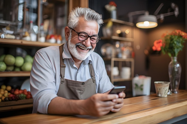 Seniors happily use their mobile phones in the kitchen at home scrolling through smartphone screens