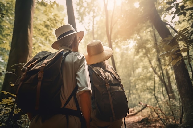 Seniors retirement travel active old age Rear view of an elderly couple of travelers husband and wife together in hats and with backpacks in forest on hike Generative AI