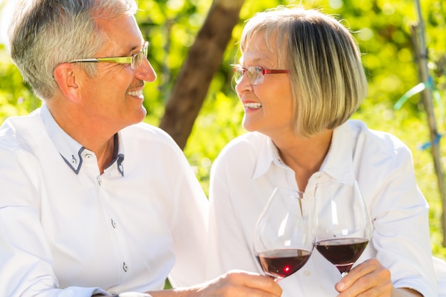 Seniors sitting in vineyard drinking red wine