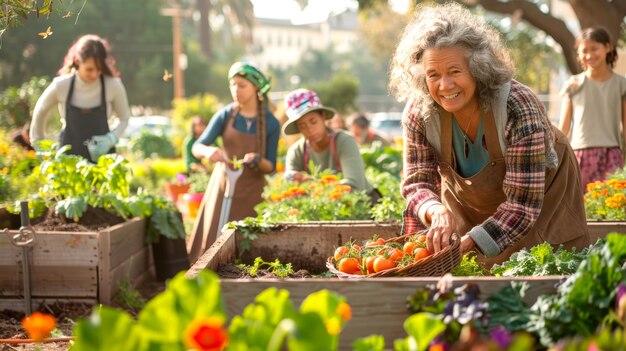 Seniors and youth gardening together in a vibrant community garden