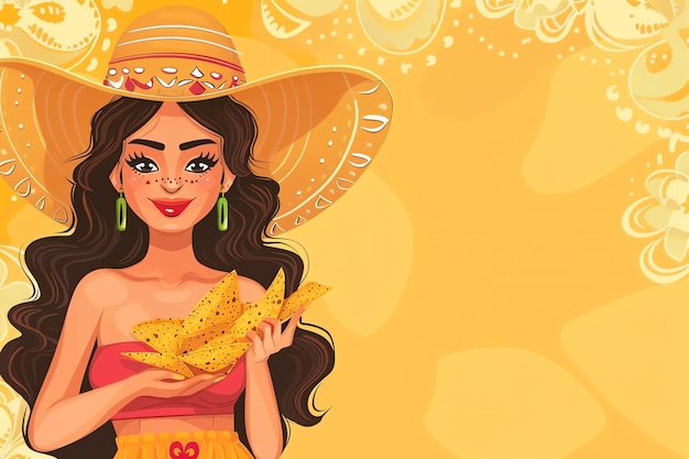 senorita full body wearing a wide brimmed hat is holding tortilla chips for national hispanic herita