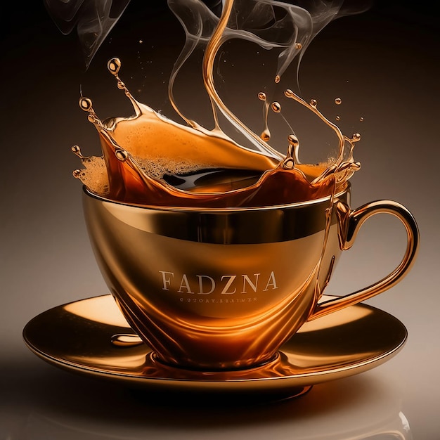 A sensational highresolution 3D render of a luxurious golden coffee cup expertly crafted