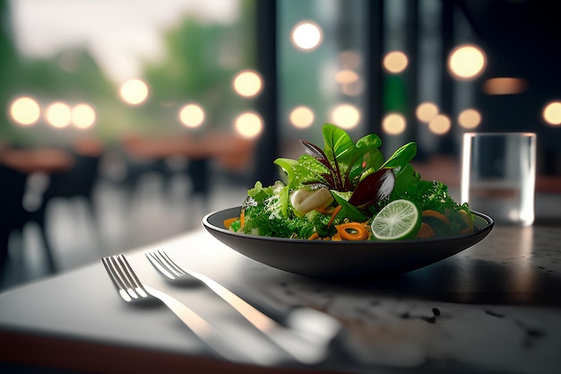 Sensational plate of salad with blurred restaurant luxury background