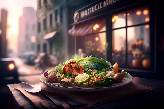 Sensational plate of salad with blurred restaurant luxury background