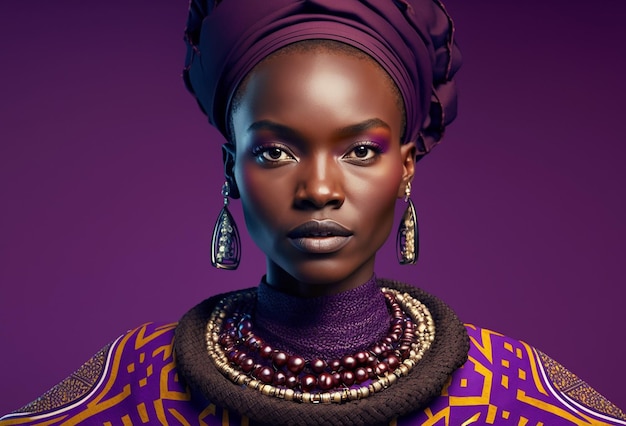 Sensual black woman wearing African national costume isolated on purple background Generative AI