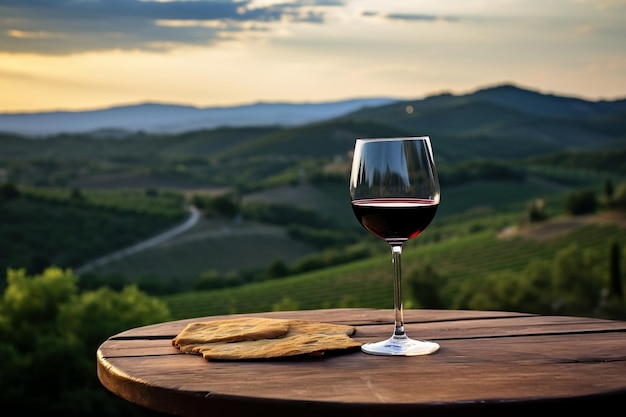 Sensual Elixir Red Wine on Wooden Board with Tuscany Generative AI