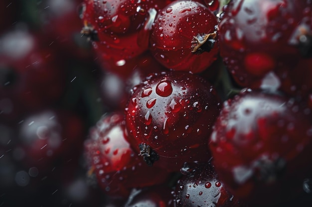 A sensual macro shot of red currants bathed in morning dew