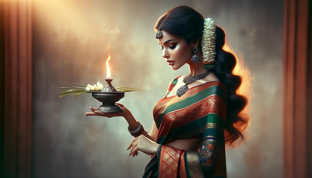 A sensual Tamil woman in a traditional Tamil saree gracefully holding a lit vilakku oil lamp