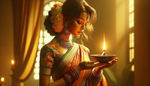 A sensual Tamil woman in a traditional Tamil saree gracefully holding a lit vilakku oil lamp