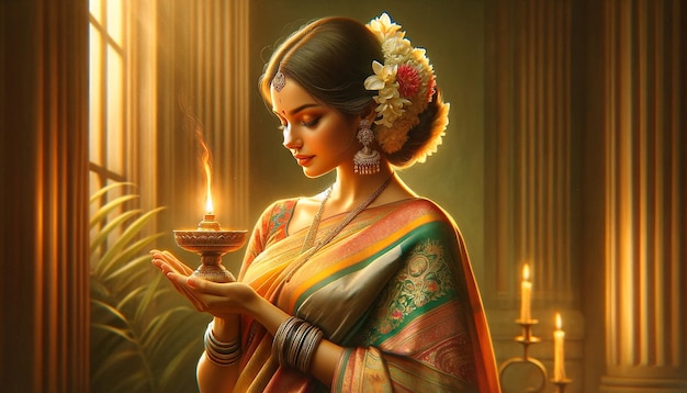 A sensual Tamil woman in a traditional Tamil saree gracefully holding a lit vilakku oil lamp