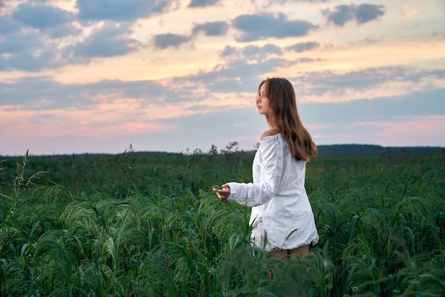 Sensual woman in summer dress walking among wheat field