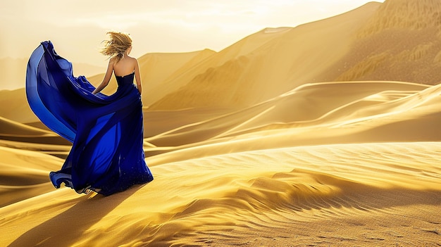 Photo sensual woman wearing a luxurious blue dress in a wide desert