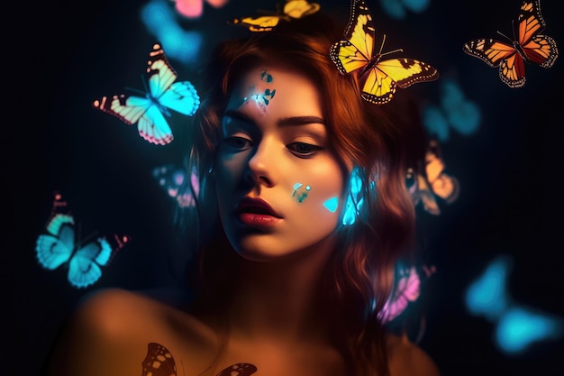 Sensual woman with body art and colored butterflies Generative AI