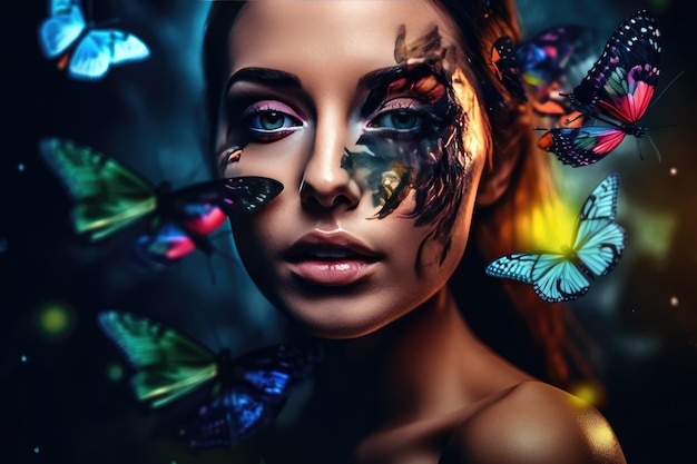 Sensual woman with body art and colored butterflies Generative AI