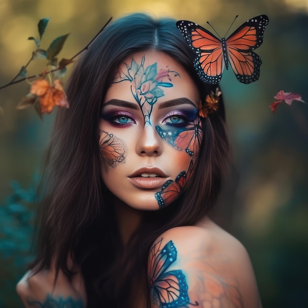 Sensual woman with body art and colored eyes and lips butterflies and flowers generative ai