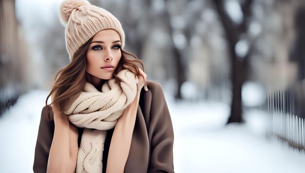 Sensual young model woman posing in outdoor winter scene Female wearing warm clothes in fashion pose Autumn winter collection