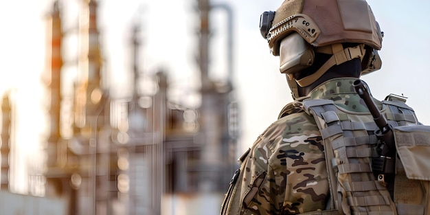 Sentry in military attire keeps watch over contemporary oil refinery securing vital locations Concept Military Security Oil Refinery Sentry Duty Vital Locations Contempory Defense