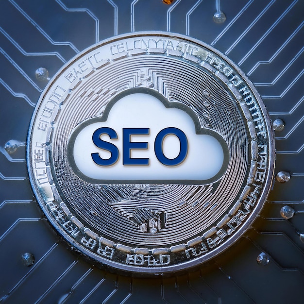 Photo seo and digital marketing featuring symbols like a magnifying glass over a web page search engine icons and keywords symbolizing search optimization online visibility and internet marketing