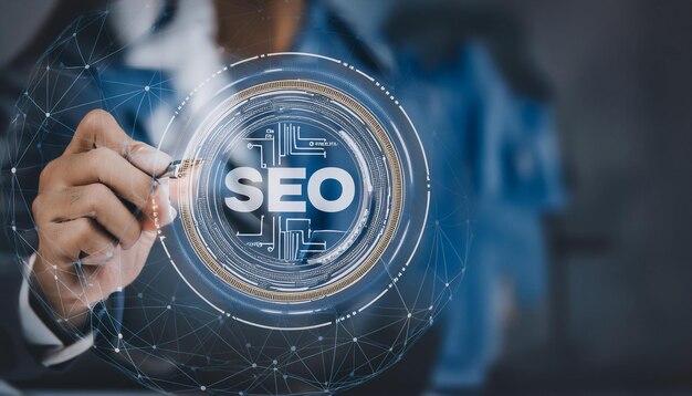 Photo seo and digital marketing featuring symbols like a magnifying glass over a web page search engine icons and keywords symbolizing search optimization online visibility and internet marketing