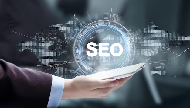 Photo seo and digital marketing featuring symbols like a magnifying glass over a web page search engine icons and keywords symbolizing search optimization online visibility and internet marketing