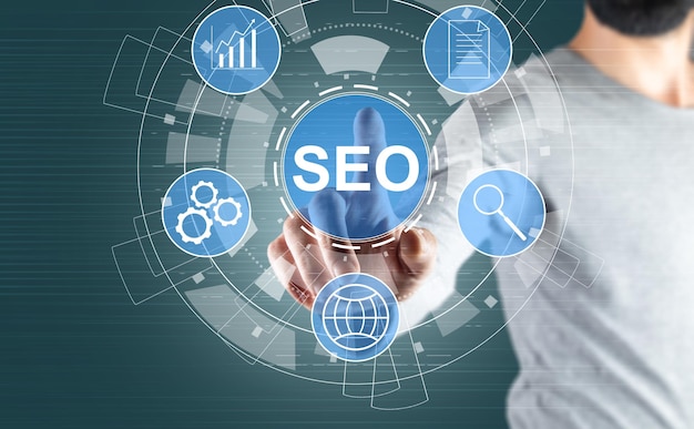 SEO and icons on virtual screen