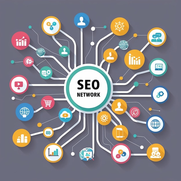 Photo seo network growth abstract background with lines circles integrate flat icons connected symbols for digital social media and market concepts