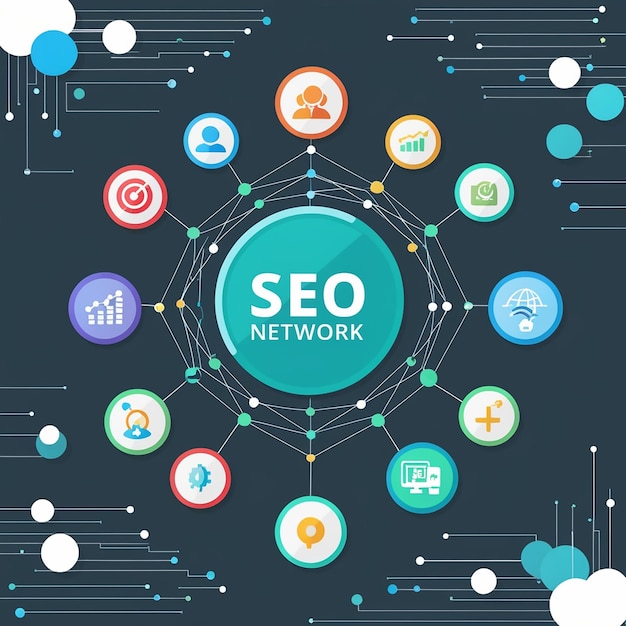 Photo seo network growth abstract background with lines circles integrate flat icons connected symbols for digital social media and market concepts