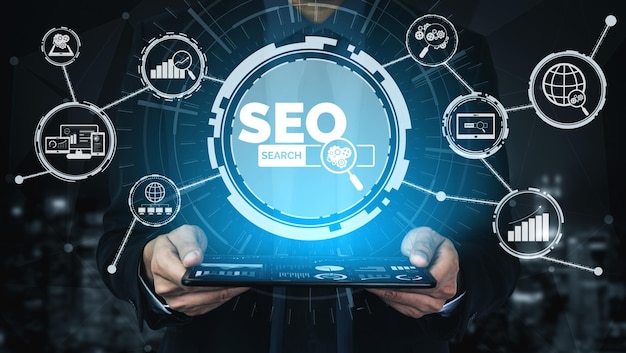 SEO - Search Engine Optimization for Online Marketing Concept. Modern graphic interface showing symbol of keyword research website promotion by optimize customer searching and analyze market strategy.