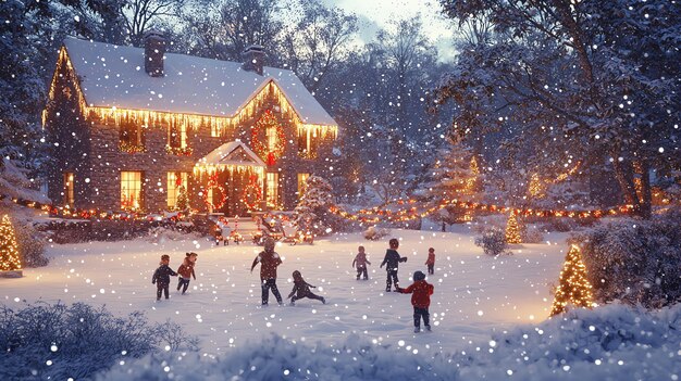 Photo seo title cozy house decorated with christmas lights as family celebrates outdoors playing in the