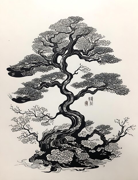 Photo seofriendly title captivating japanese inkinspired tree illustration