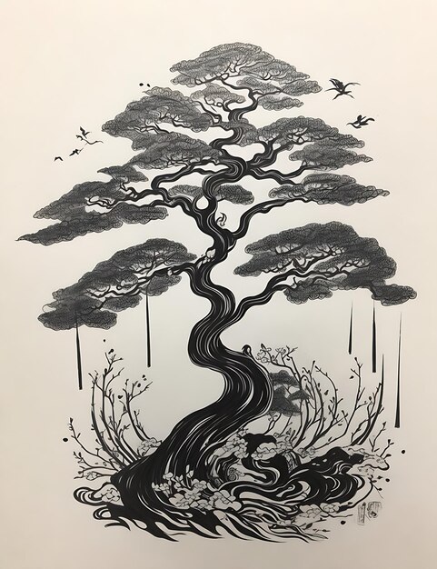 Photo seofriendly title captivating japanese inkinspired tree illustration