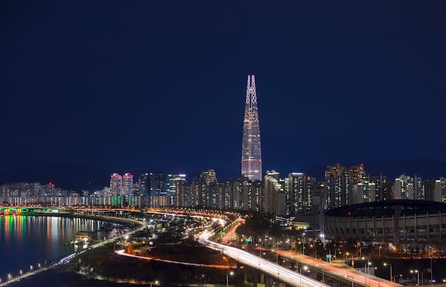 Seoul City at night and han river South Korea