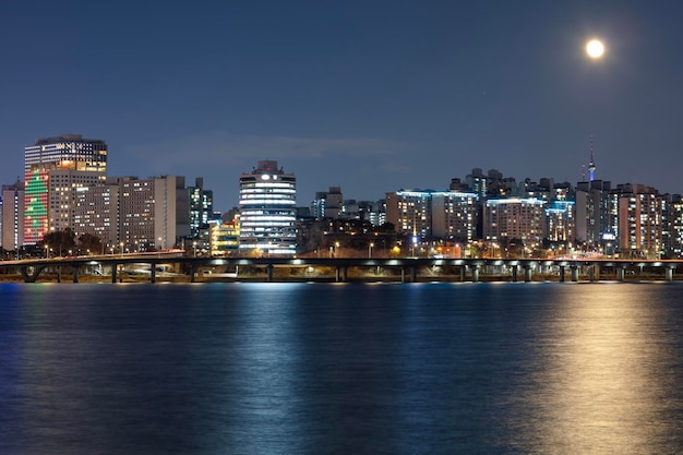 Seoul City at night with Fullmoon South Korea