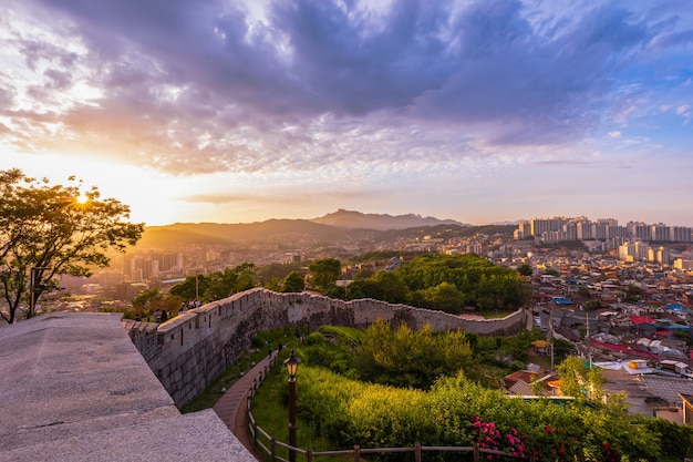 Seoul City Skyline Sunset Location at Naksan Park with Ancient Walls in Seoul South Korea