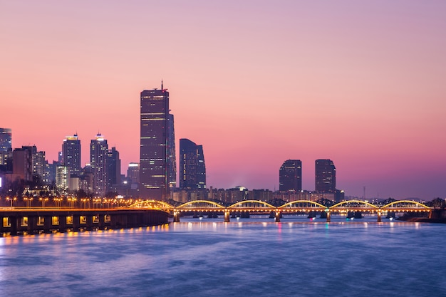 Seoul city and skyscraper, yeouido after sunset, south Korea.