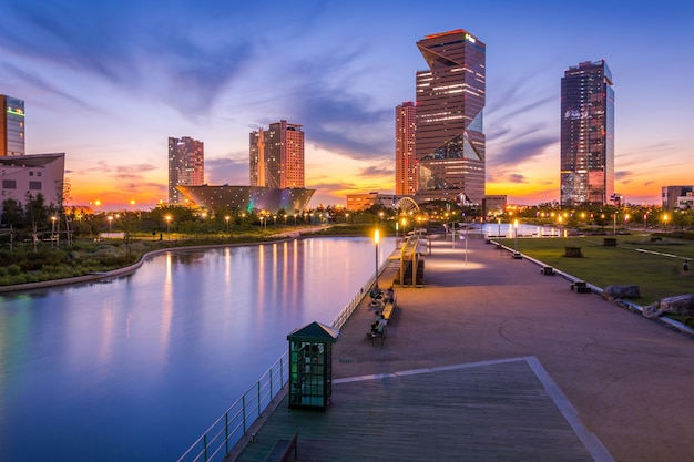 Seoul city with Beautiful after sunset, Central park in Songdo International Business District