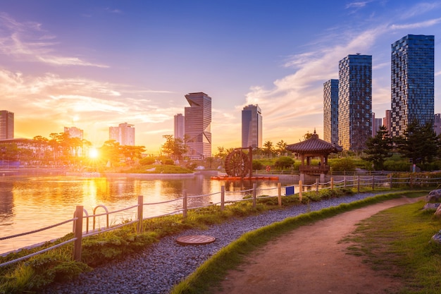 Seoul city with Beautiful sunset, Central park in Songdo International Business District