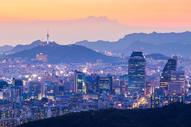 Seoul tower and Skyscrapers, Beautiful city of lights at night, Seoul, South Korea.