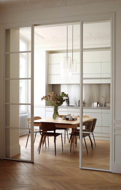 Separating the dining room and kitchen with a glass door in the style of beige white