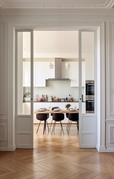 Separating the dining room and kitchen with a glass door in the style of beige white