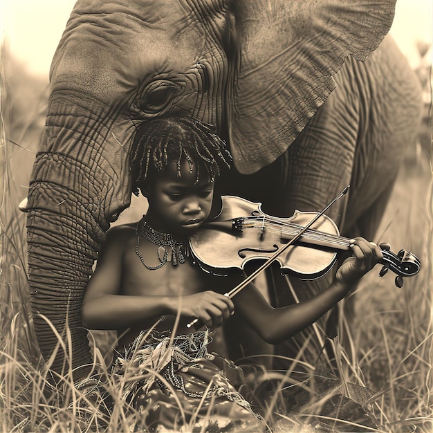 Sepia colored illustration of an African boy playing a violin with an Elephant