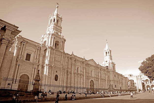 Sepia Image of The Basilica Cathedral of Arequipa on Plaza de Armas of Arequipa Peru