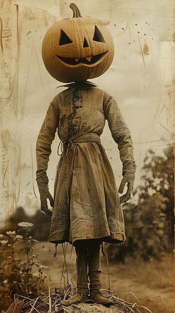 Photo sepia photograph portrait of a jackolantern