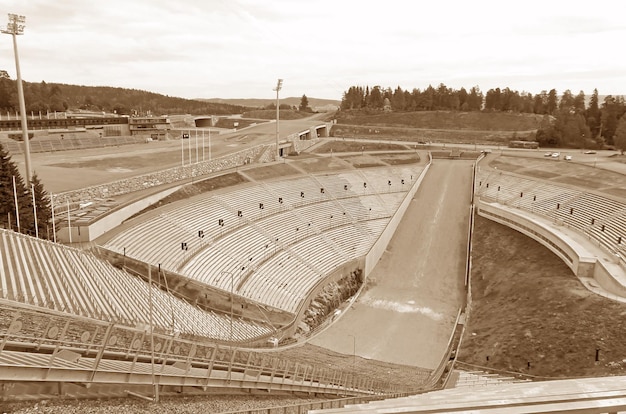 Sepia Tone of Holmenkollbakken Ski Jump with Its Amphitheater on Holmenkollen Hill Oslo Norway