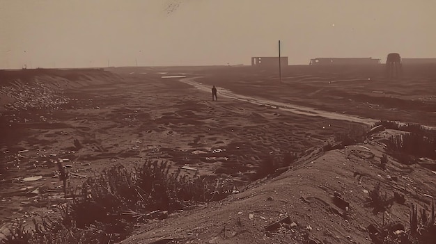 A sepiatoned landscape featuring a lone figure walking along a dirt path amidst barren terrain and distant structures